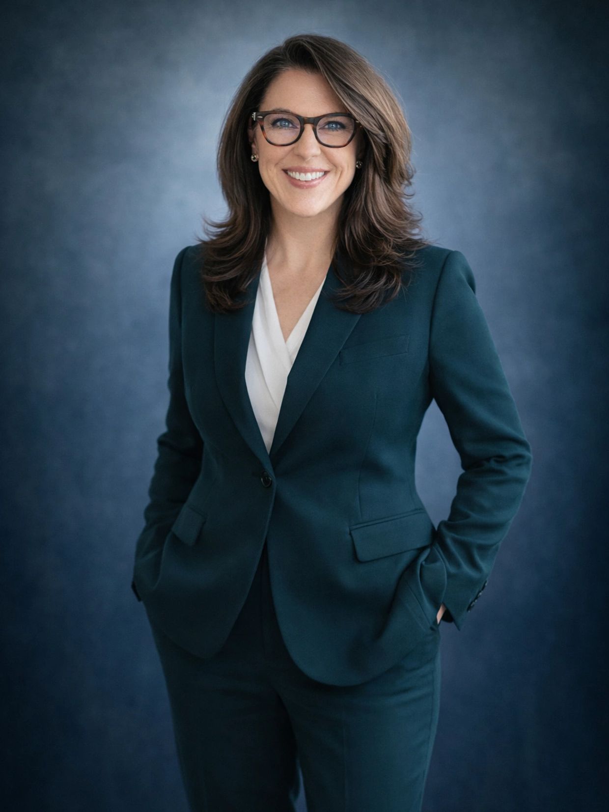 Confident woman in a teal suit smiling against a blue backdrop.