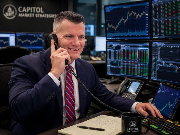 A man in a suit talking on the phone at a trading desk with multiple monitors.