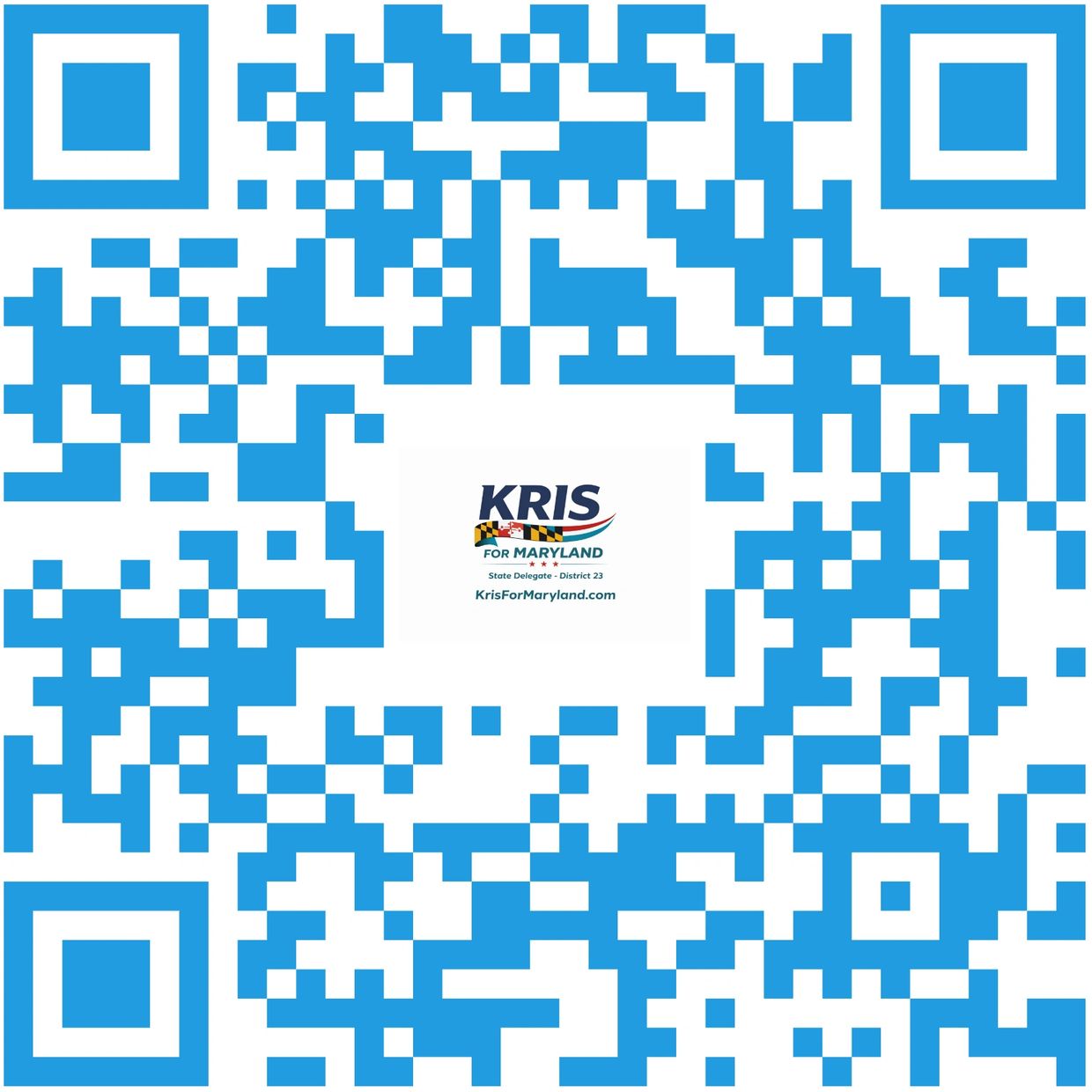 Blue QR code with Kris for Maryland political campaign logo in center.