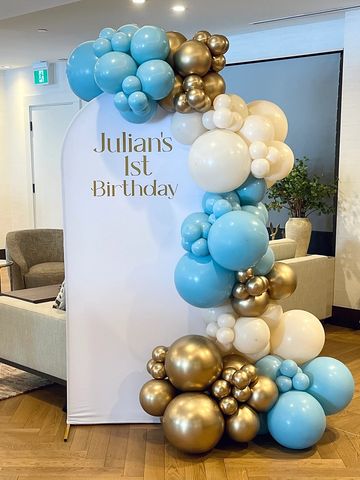 Includes backdrop, custom message, balloons. Set up and tear down