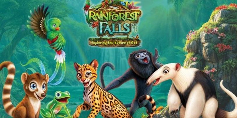Animated rainforest animals under the title Rainforest Falls.