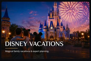 Family enjoying fireworks at Disney castle during sunset.