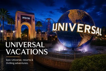Night view of Universal Studios globe with entrance arch and palm trees.