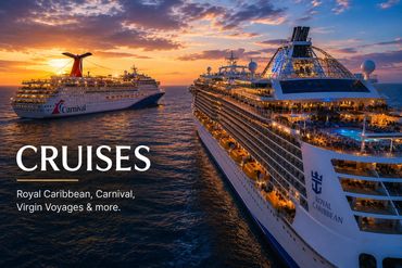 Two illuminated cruise ships at sunset on the ocean.