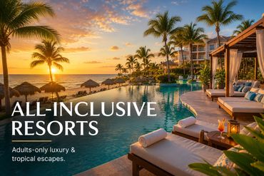 Luxury adults-only tropical resort pool at sunset with ocean views.