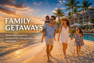 Family enjoying a beach vacation at sunset, walking along the shore.