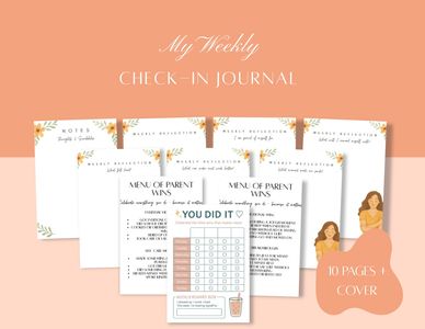 A digital mockup of a “My Weekly Check-In Journal” printable featuring soft peach and white tones. 