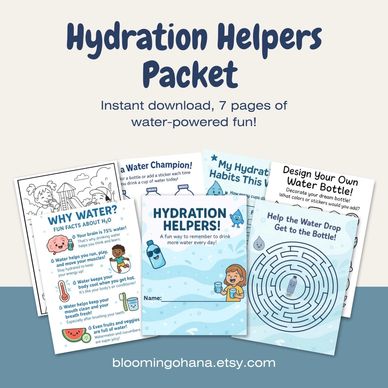 Hydration Helpers kids activity pack mockup showing 7 printable water-themed pages for fun learning.