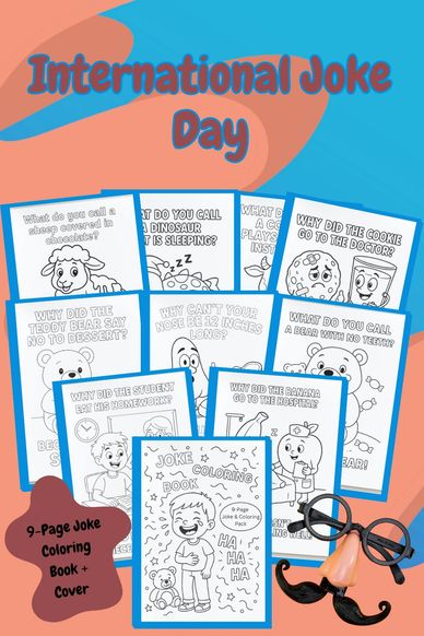 International Joke Day 9-page kids joke coloring book with funny black-and-white designs.