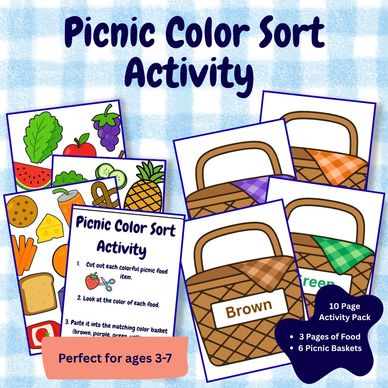 Preview of the Picnic Color Sort Activity printable pack for kids ages 3–7. 