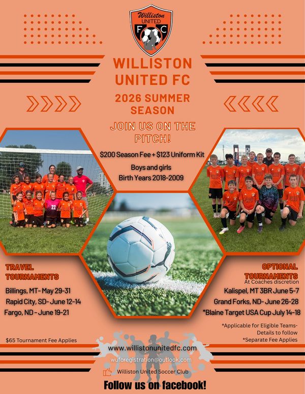 Williston United FC 2026 summer soccer season registration flyer with team photos and tournament dates.