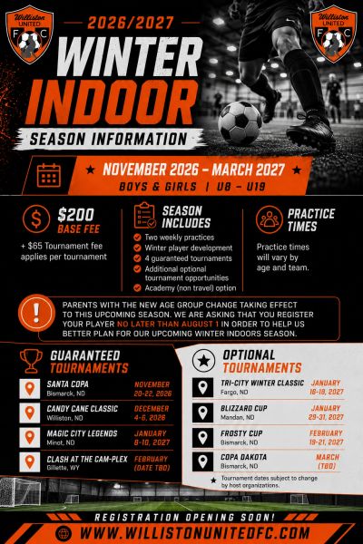 Winter indoor soccer season info for Williston United FC, Nov 2026-Mar 2027, ages U8-U19.