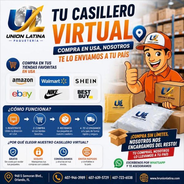 Publicidad de casillero virtual para compras en USA con envío a Latinoamérica.