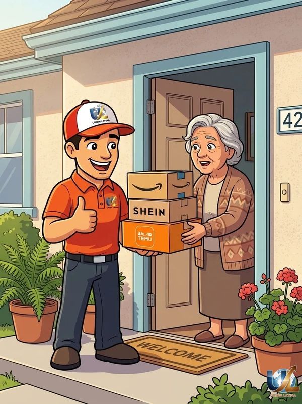 Delivery man happily hands packages to an elderly woman at her doorstep.