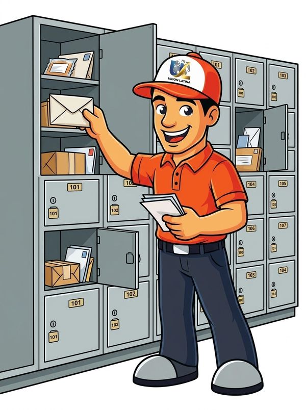 Smiling mailman delivering letters at mailbox unit.