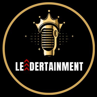 Gold microphone with a crown logo and text 'LEADERTAINMENT' on black background.
