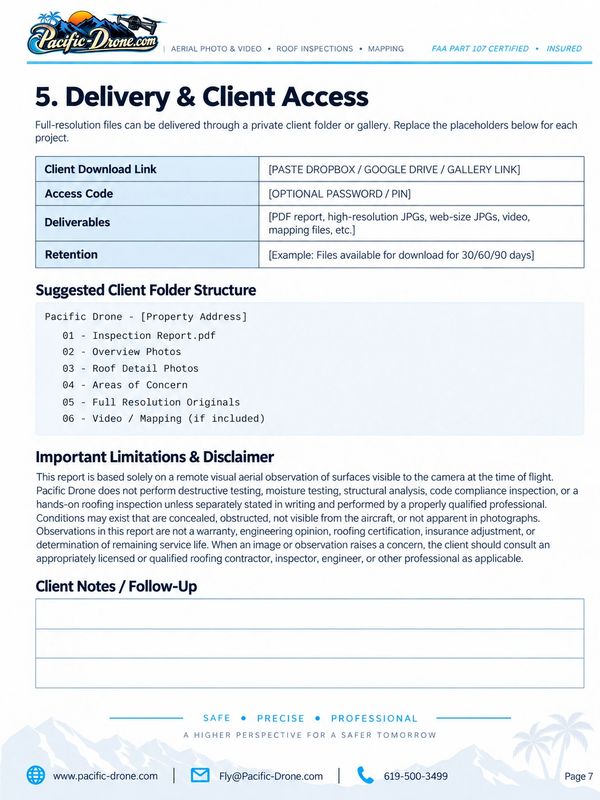 Delivery and client access instructions for Pacific Drone projects.