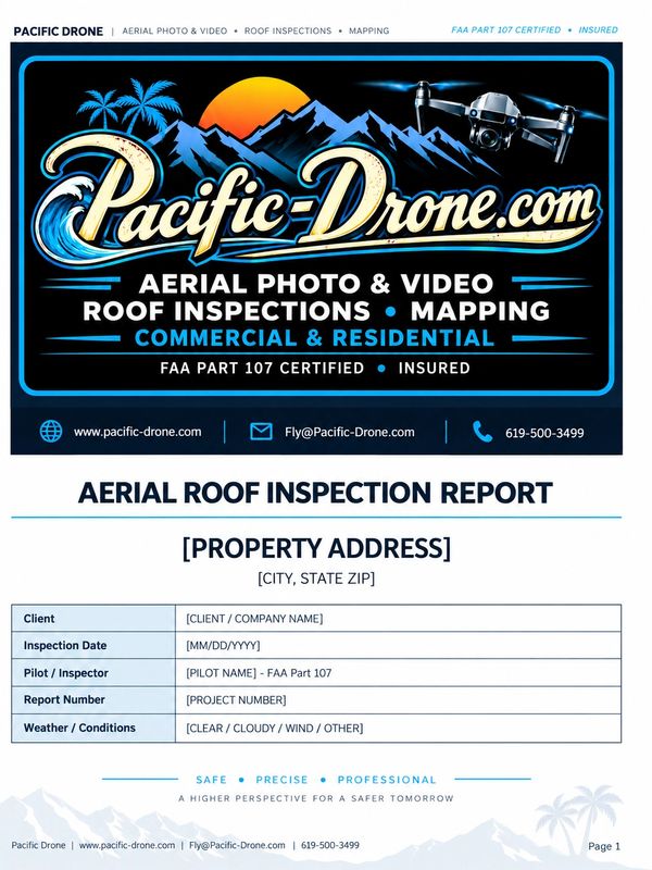 Aerial roof inspection report cover from Pacific Drone.