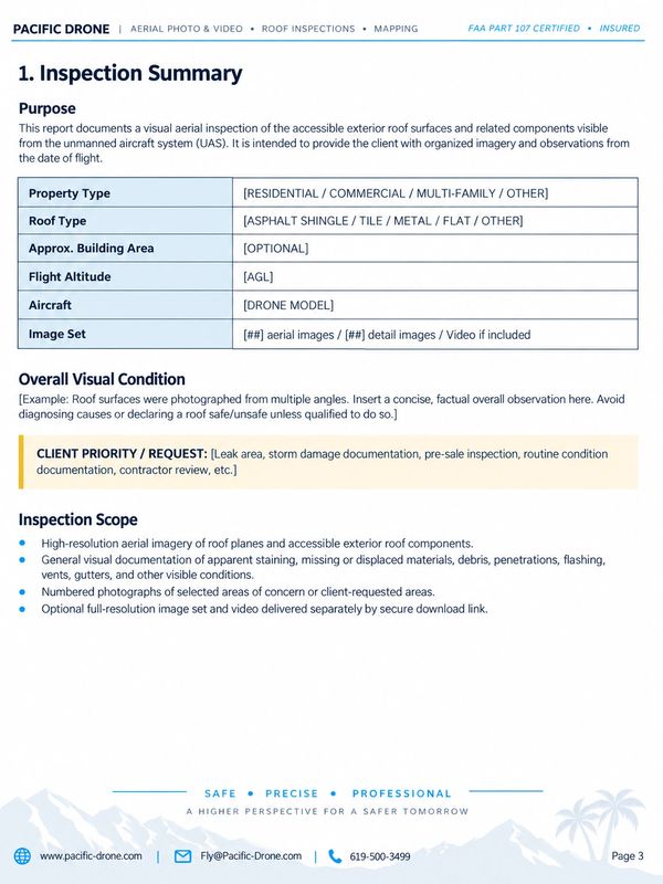 Drone inspection report summary template for roof assessment.