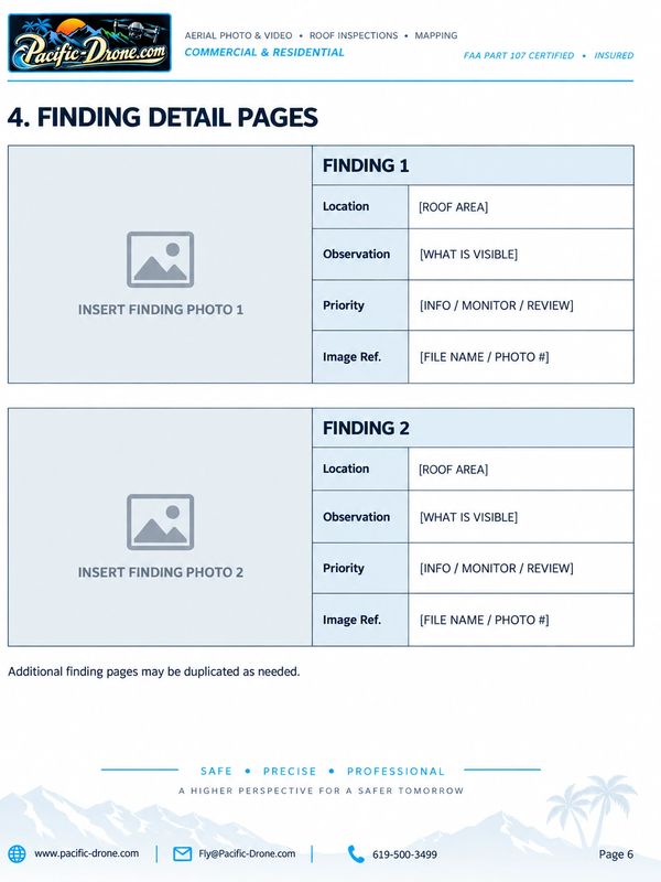 Roof inspection detail pages template for recording findings with photos.