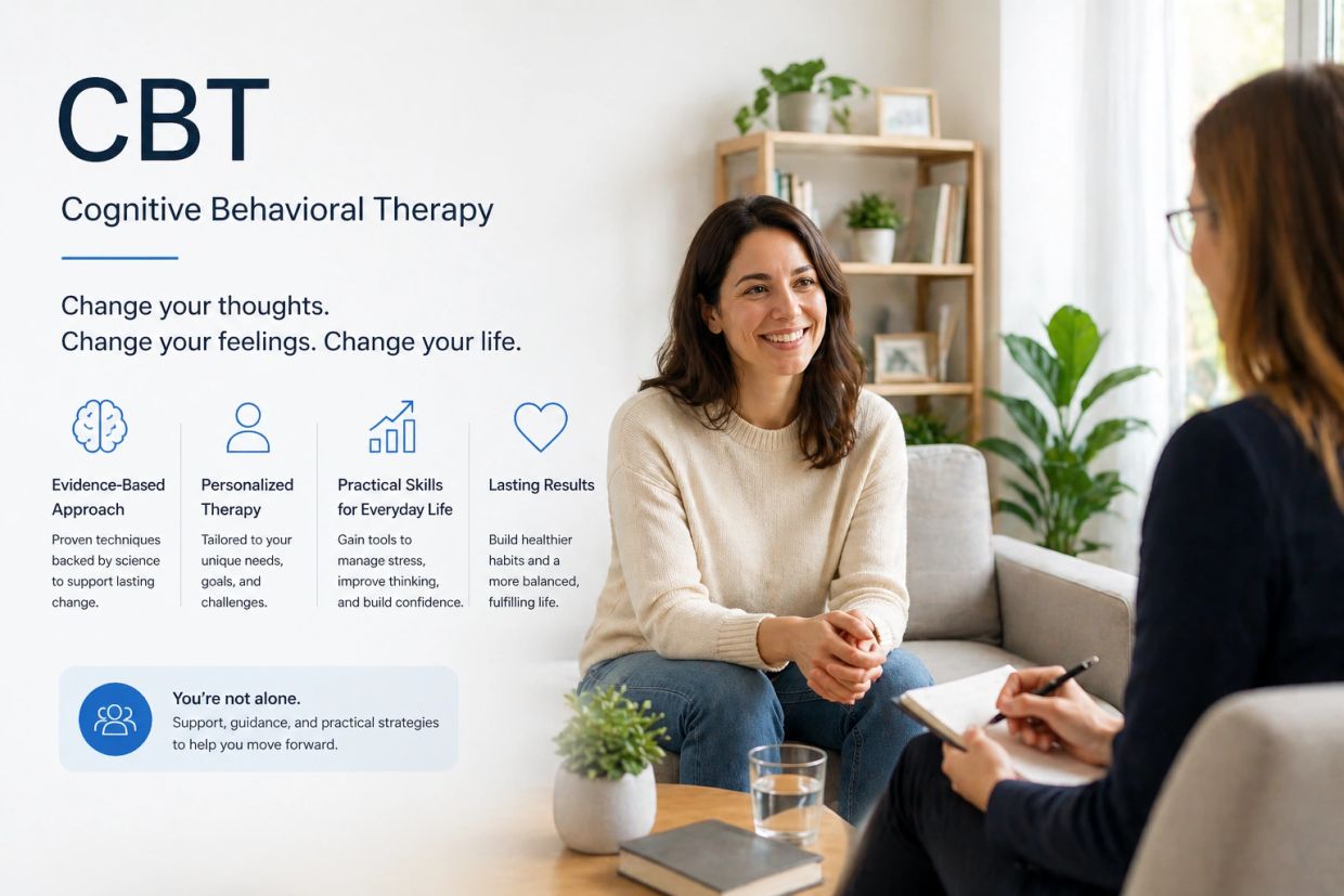 Two women engaged in a friendly cognitive behavioral therapy session in a cozy room.
