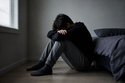 A person sitting on the floor with head down, appearing sad or distressed.