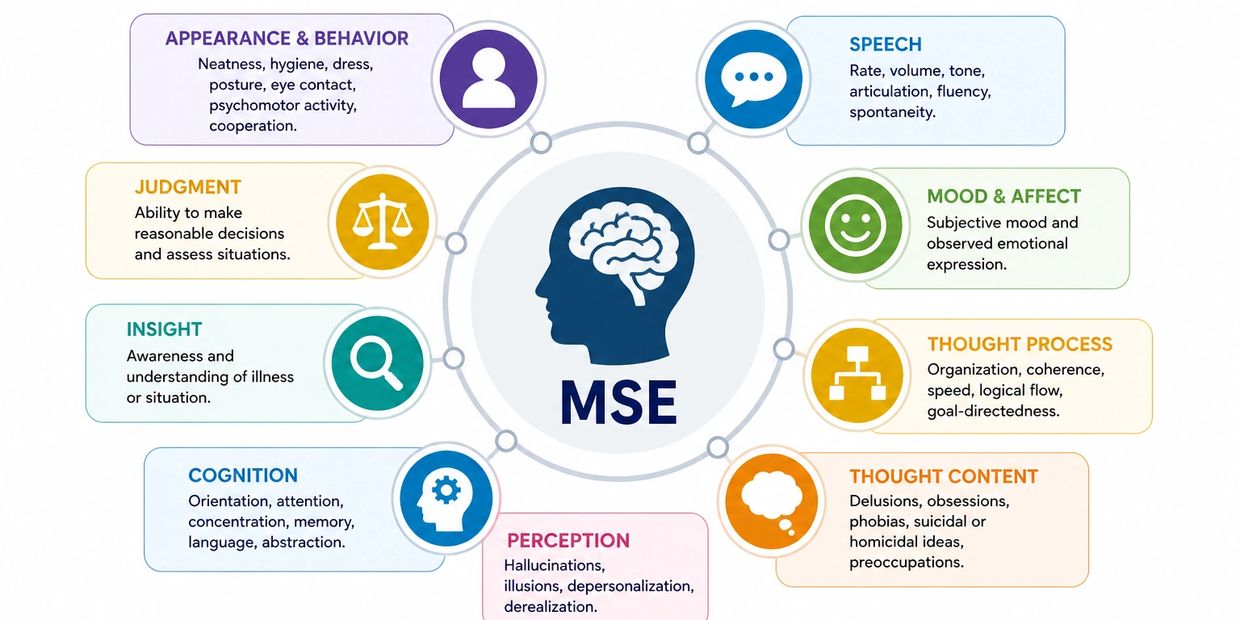 Mental Status Exam (MSE) components with descriptions in a circular infographic.