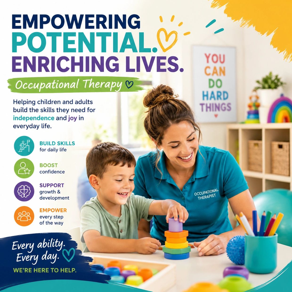 Occupational therapist helps a child build skills and confidence through playful learning activities.