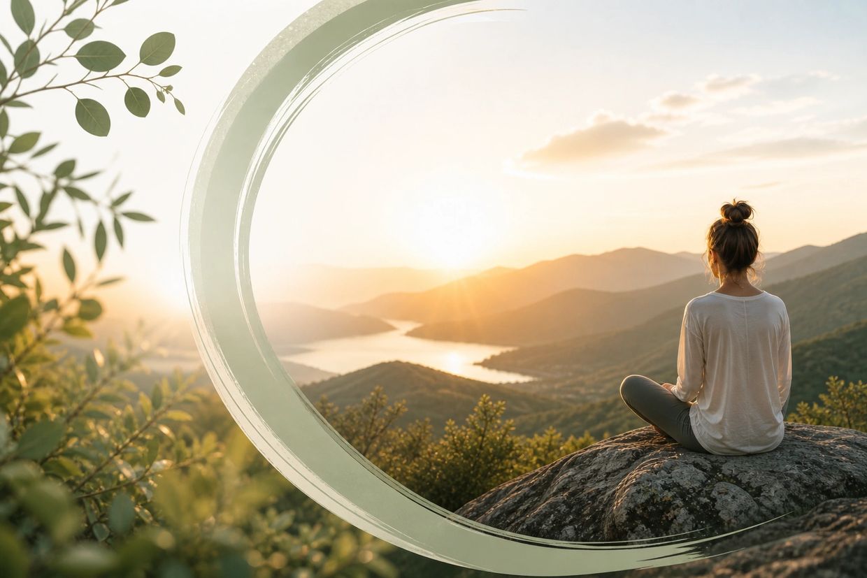 Woman meditating on a rock overlooking a river at sunset.