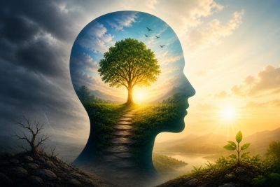 Silhouette with a tree and sunrise symbolizing growth and inner peace.