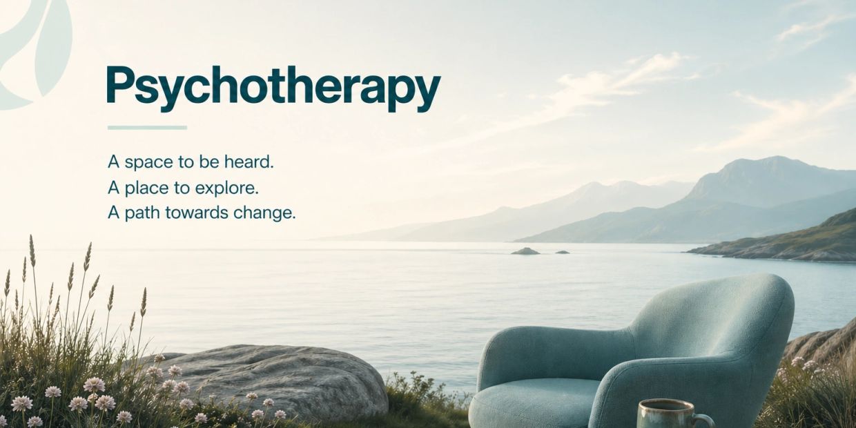 Serene psychotherapy setting by the water with an inviting chair and calming nature.