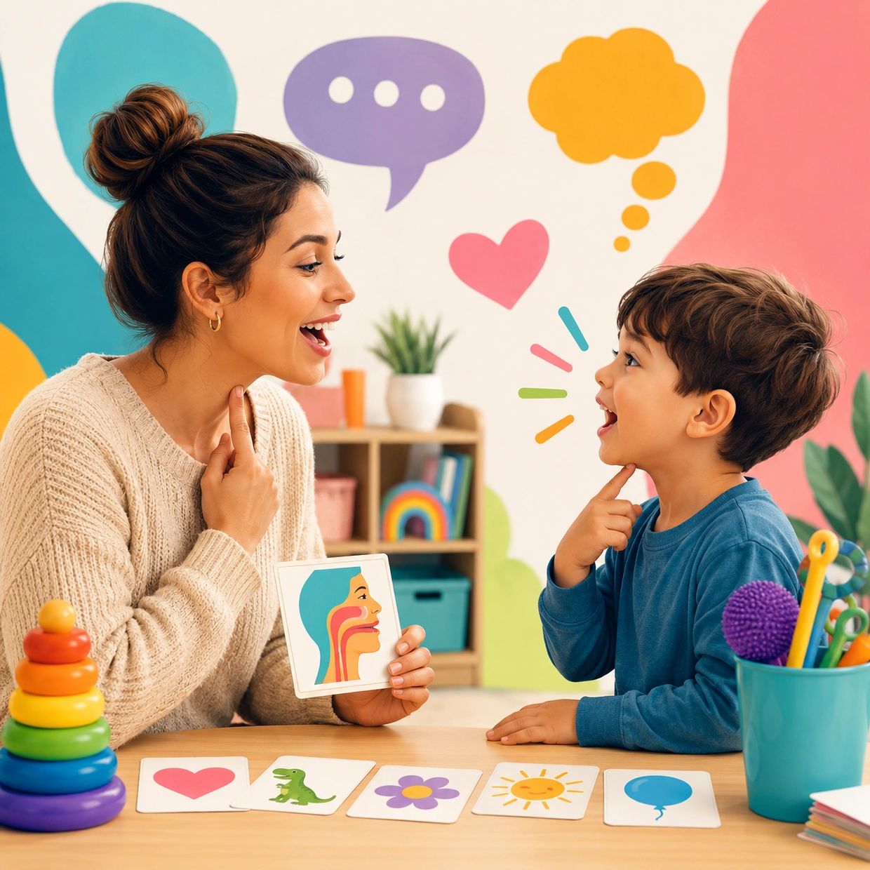 Child and speech therapist practicing speech with colorful cards.