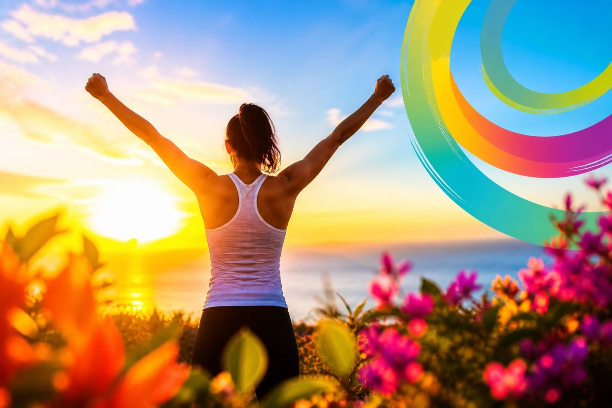 Woman raising arms in victory at sunrise amidst colorful flowers.