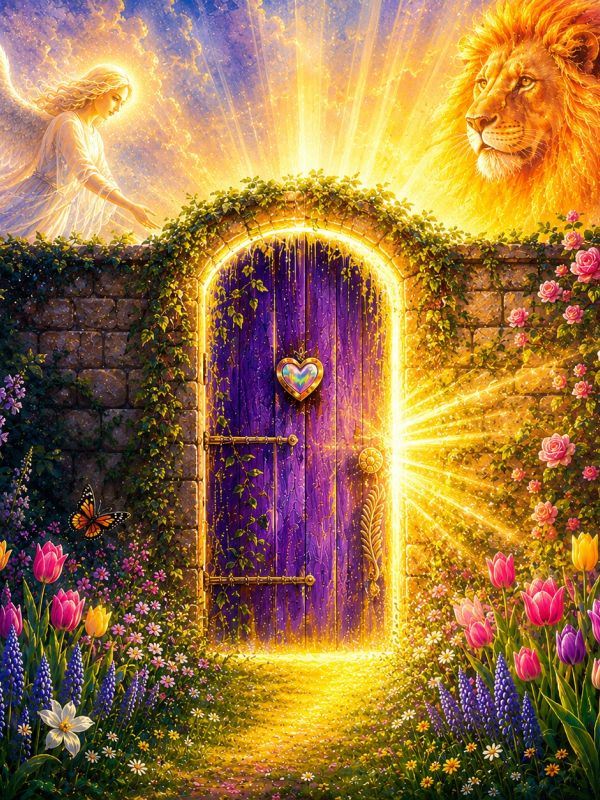 A glowing enchanted door with an angel and a lion above.