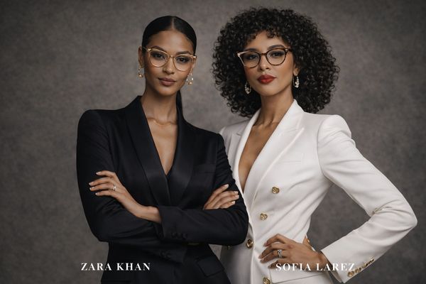Zara Khan and Sofia Larez in a powerful, high-fashion portrait—elite eyewear, sharp tailoring, and e
