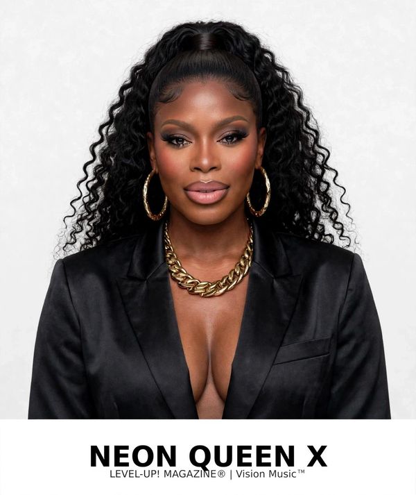 Neon Queen X official headshot - black satin blazer gold chain Level-Up! Magazine.
