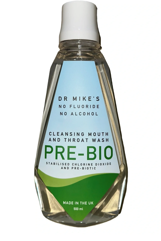Dr Mike's Pre-Bio cleansing mouth and throat wash, fluoride and alcohol-free.