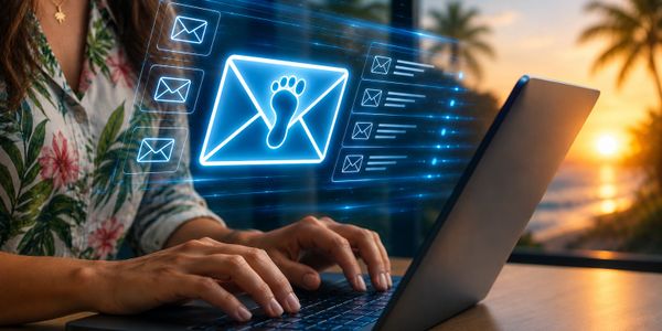 Person typing on laptop with digital email icons and a footprint symbol.
