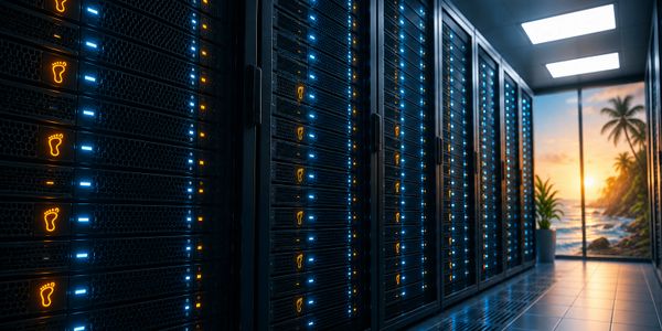 Data center servers with glowing footprints and a tropical sunset view.