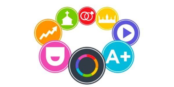 Colorful icons in a circular arrangement representing various concepts.