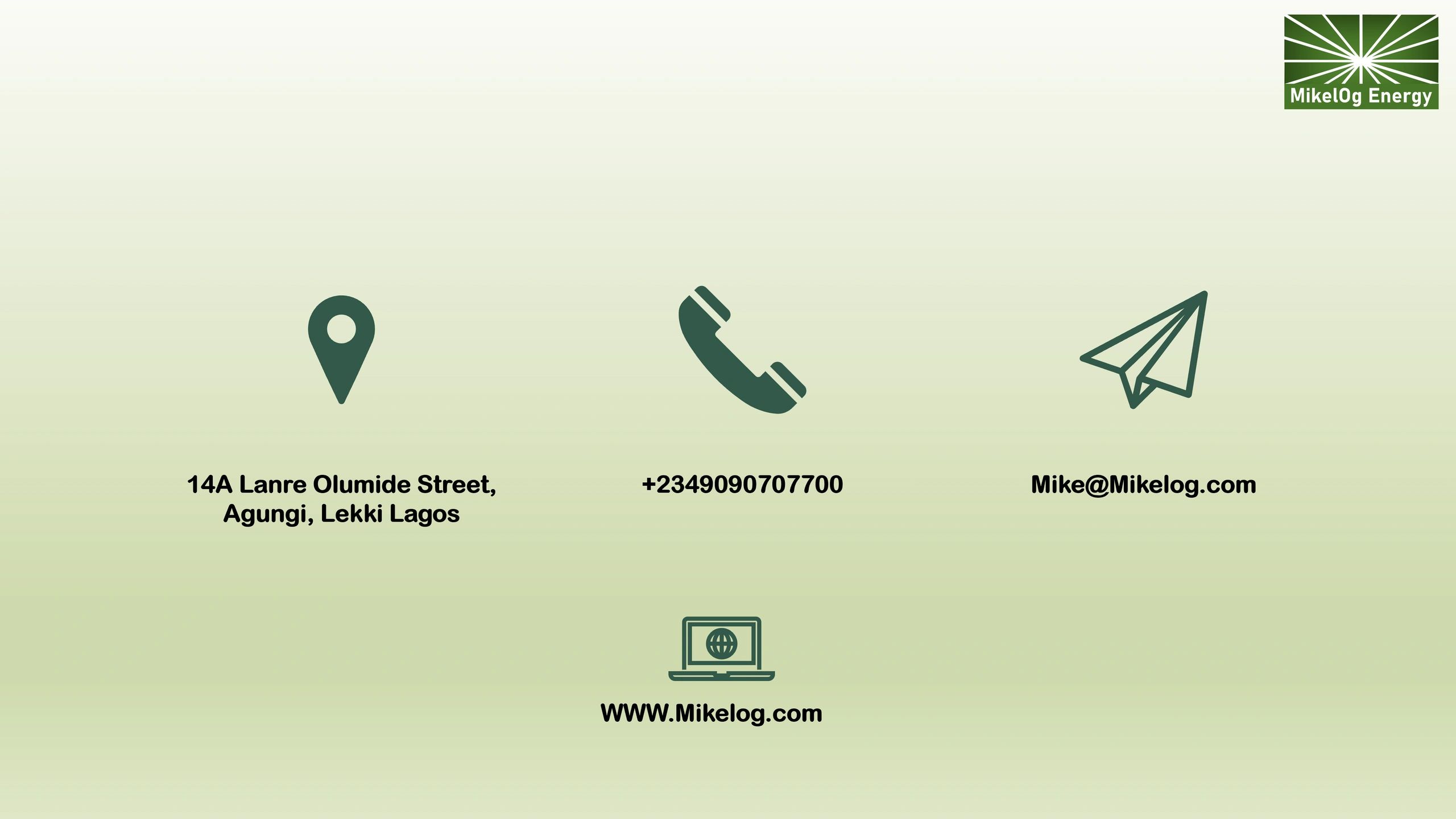 Contact information for Mikelog Energy with icons for location, phone, email, and website.
