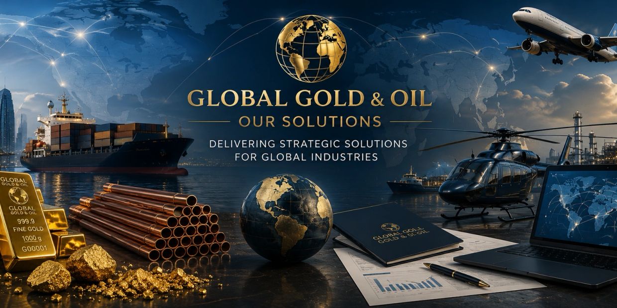 Global Gold &amp; Oil solutions showcasing gold, oil pipes, transport, and global connectivity.