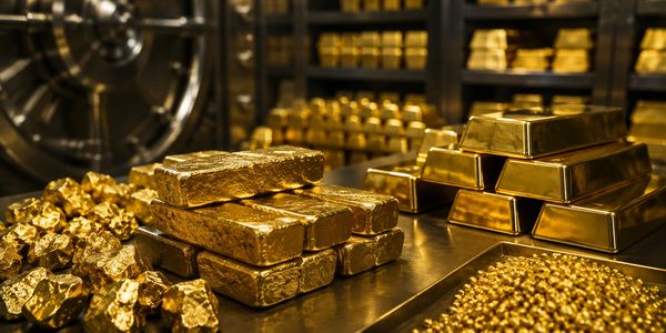 Stacks of gold bars, nuggets, and pellets inside a vault.
