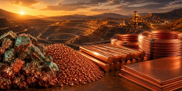 Copper in various forms with a mining site in the background at sunset.