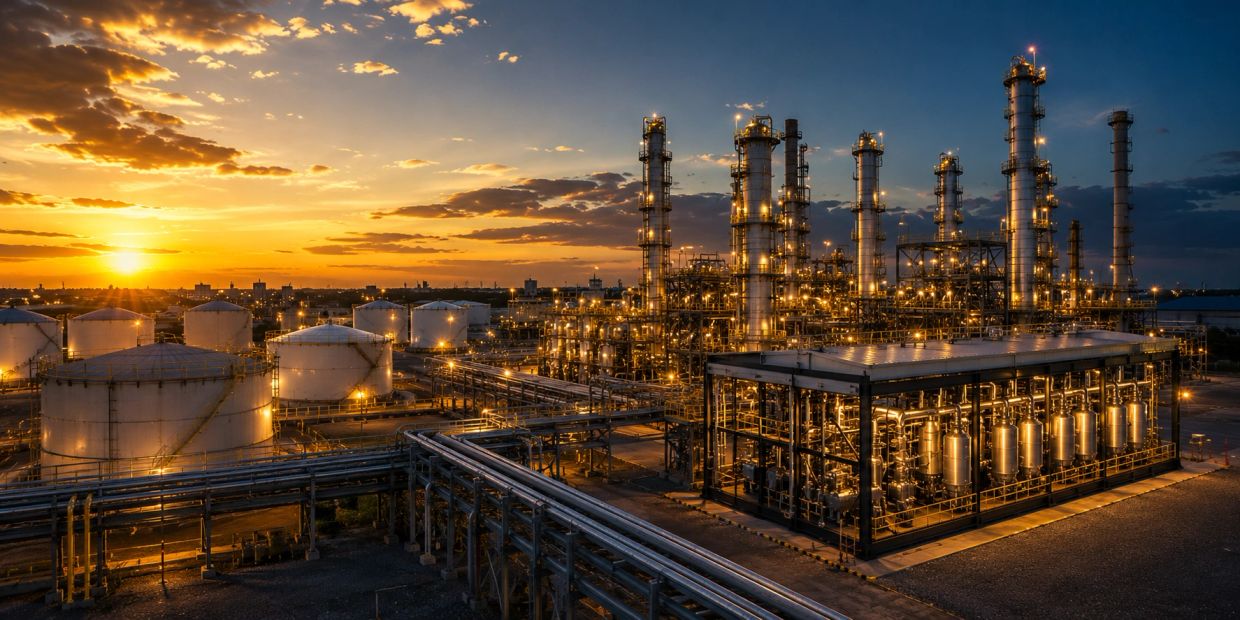Oil refinery illuminated at sunset with storage tanks and pipelines.