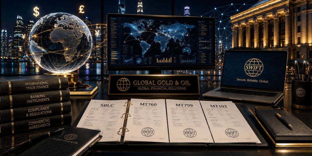 A financial workspace with global trade and SWIFT documents at night.