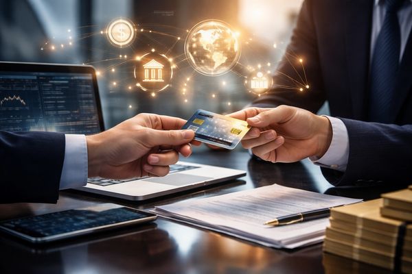 Two people exchanging a credit card in a business setting with digital finance icons.