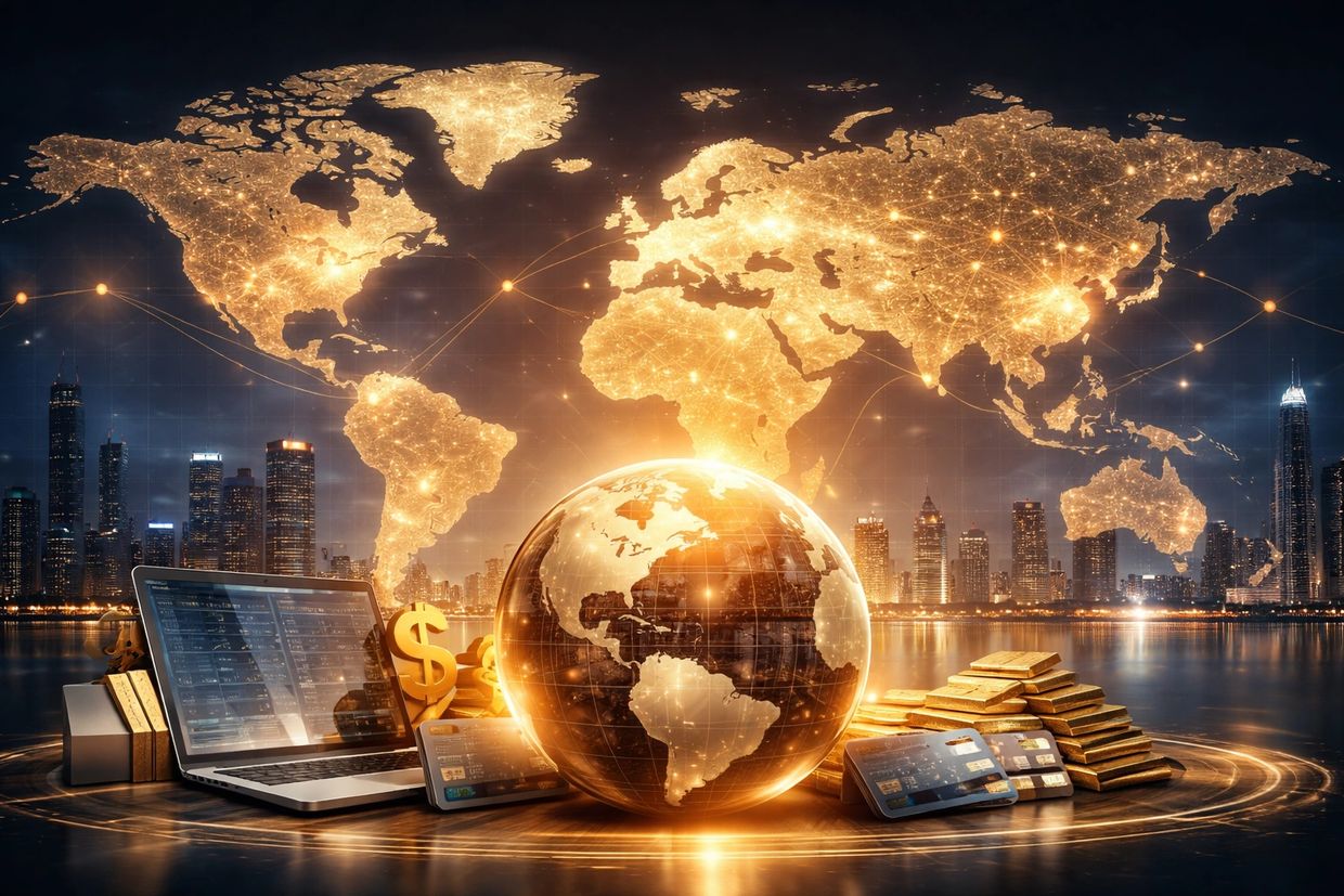 Glowing globe with financial symbols and city skyline at night.