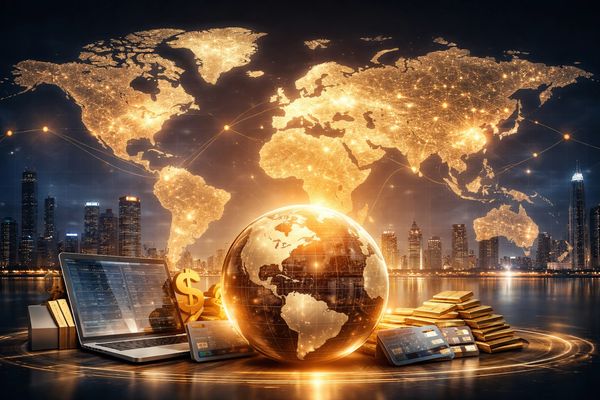 Glowing globe with financial symbols and city skyline at night.