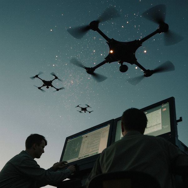 Two operators control three drones flying at dusk with starry sky.